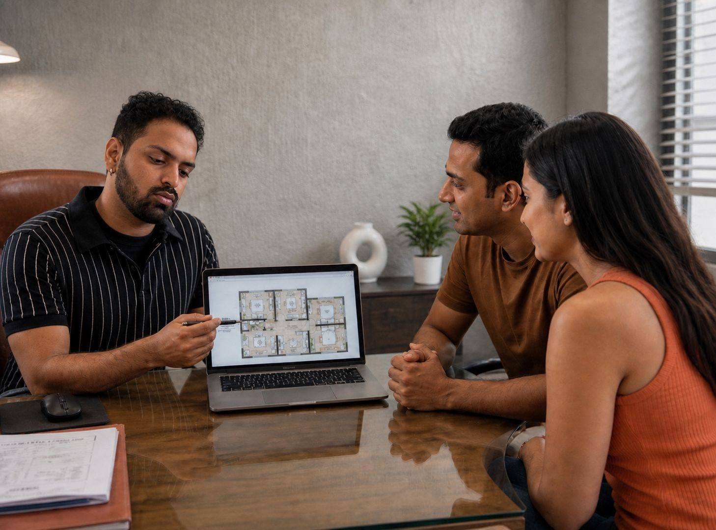 Archit walking a Lucknow couple through their 3 BHK floor plan